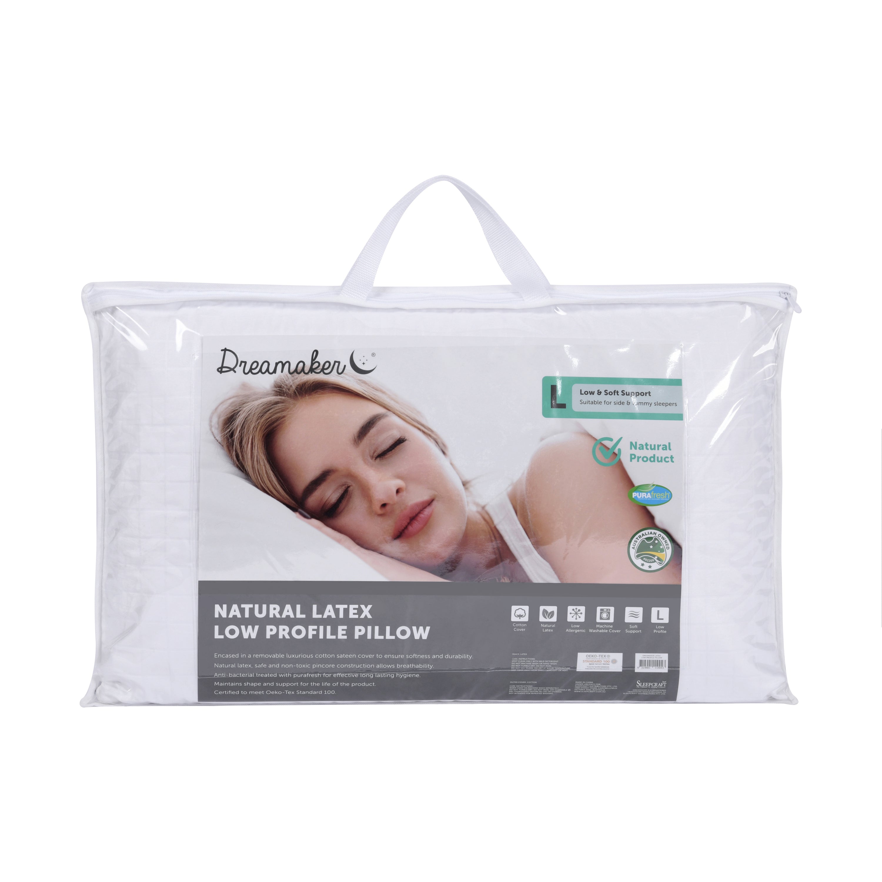 Dreamaker Latex Pillow - Low Profile with cotton sateen cover, showcasing its pincore latex construction for breathability and support.