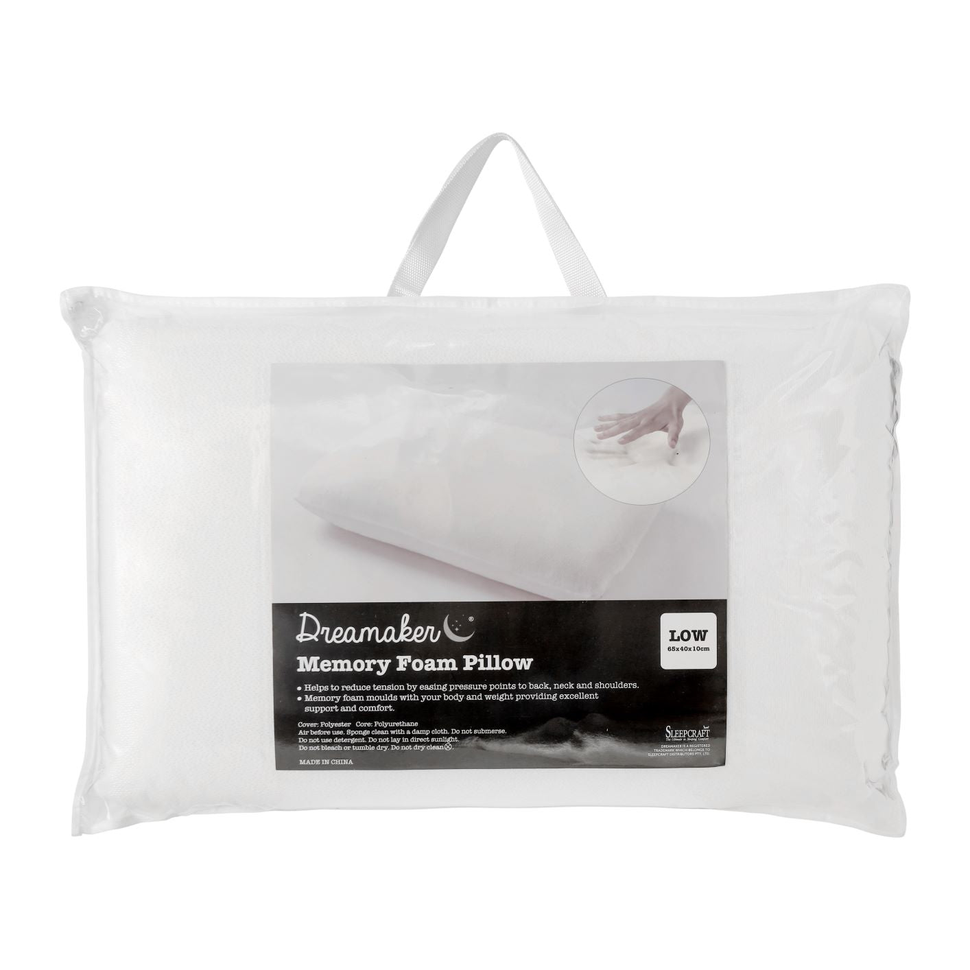 Dreamaker Memory Foam Pillow Low Profile with plush polyester jacquard cover, designed for comfort and support.