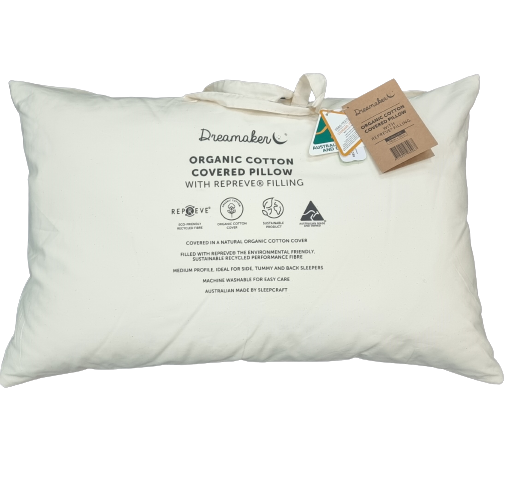 Dreamaker Organic Cotton Covered Pillow with Repreve, featuring a soft organic cotton sateen cover and plush recycled fibre filling.