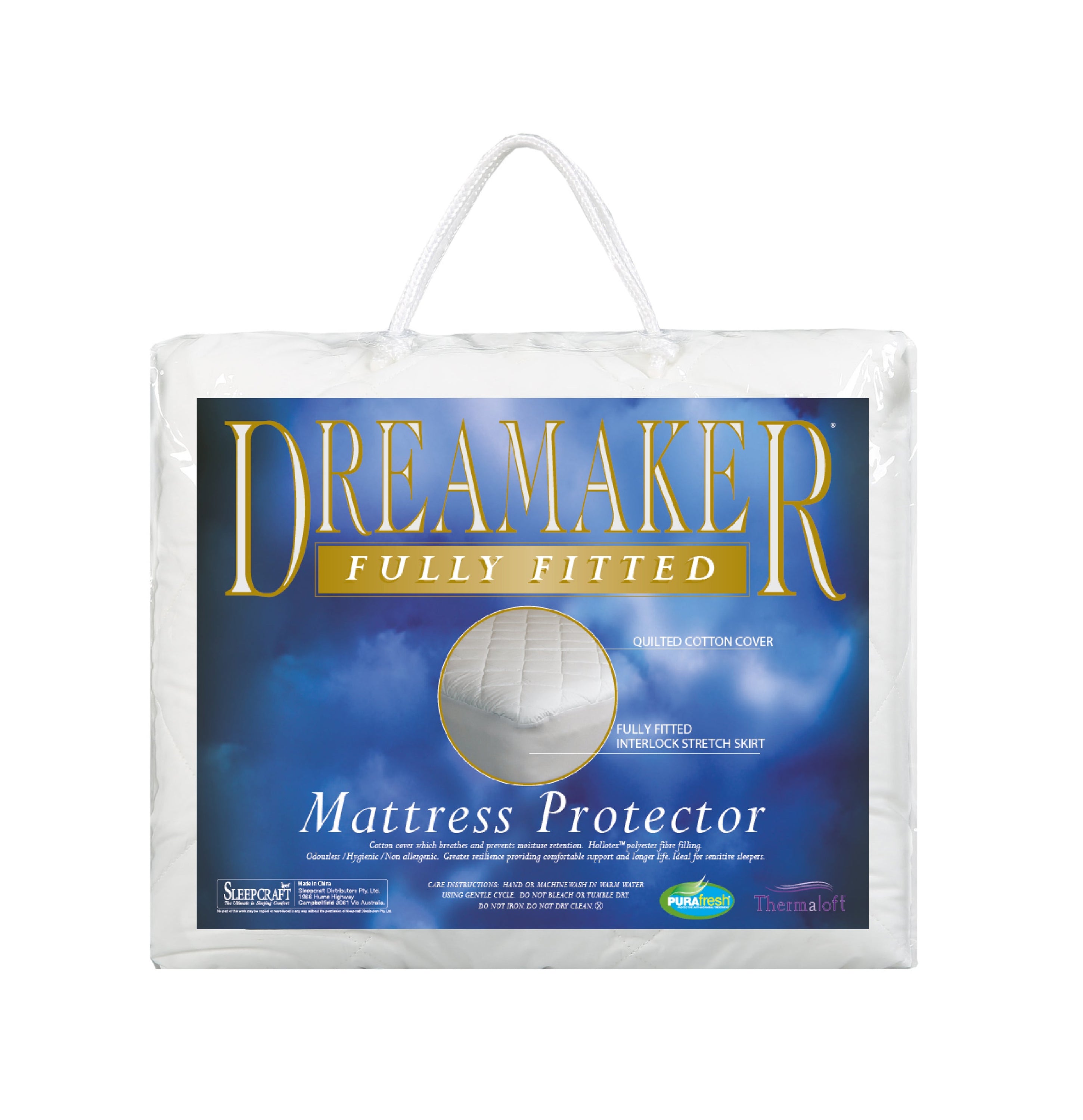 Dreamaker Thermaloft Cotton Covered Fitted Mattress Protector for double beds, featuring a soft cotton cover and elasticised skirt for a secure fit.