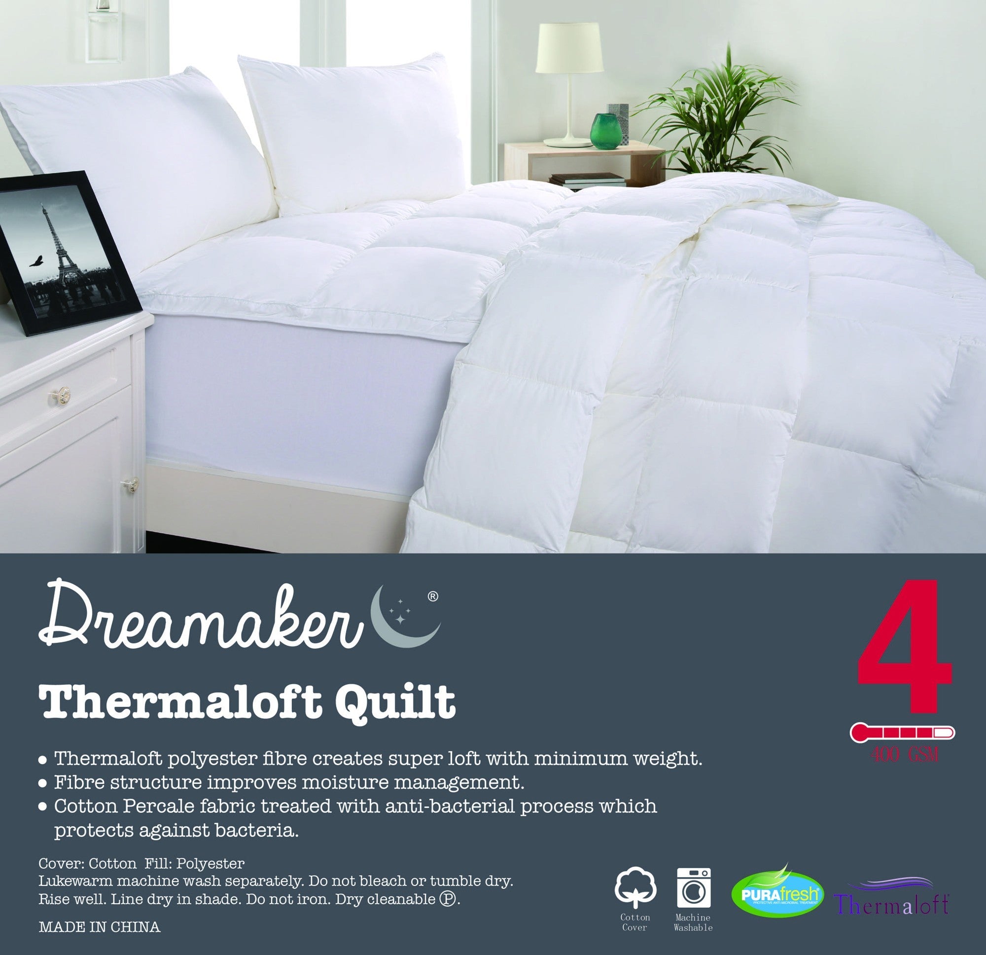 Dreamaker Thermaloft Quilt 400Gsm for Queen Bed, featuring breathable cotton cover and plush polyester filling.