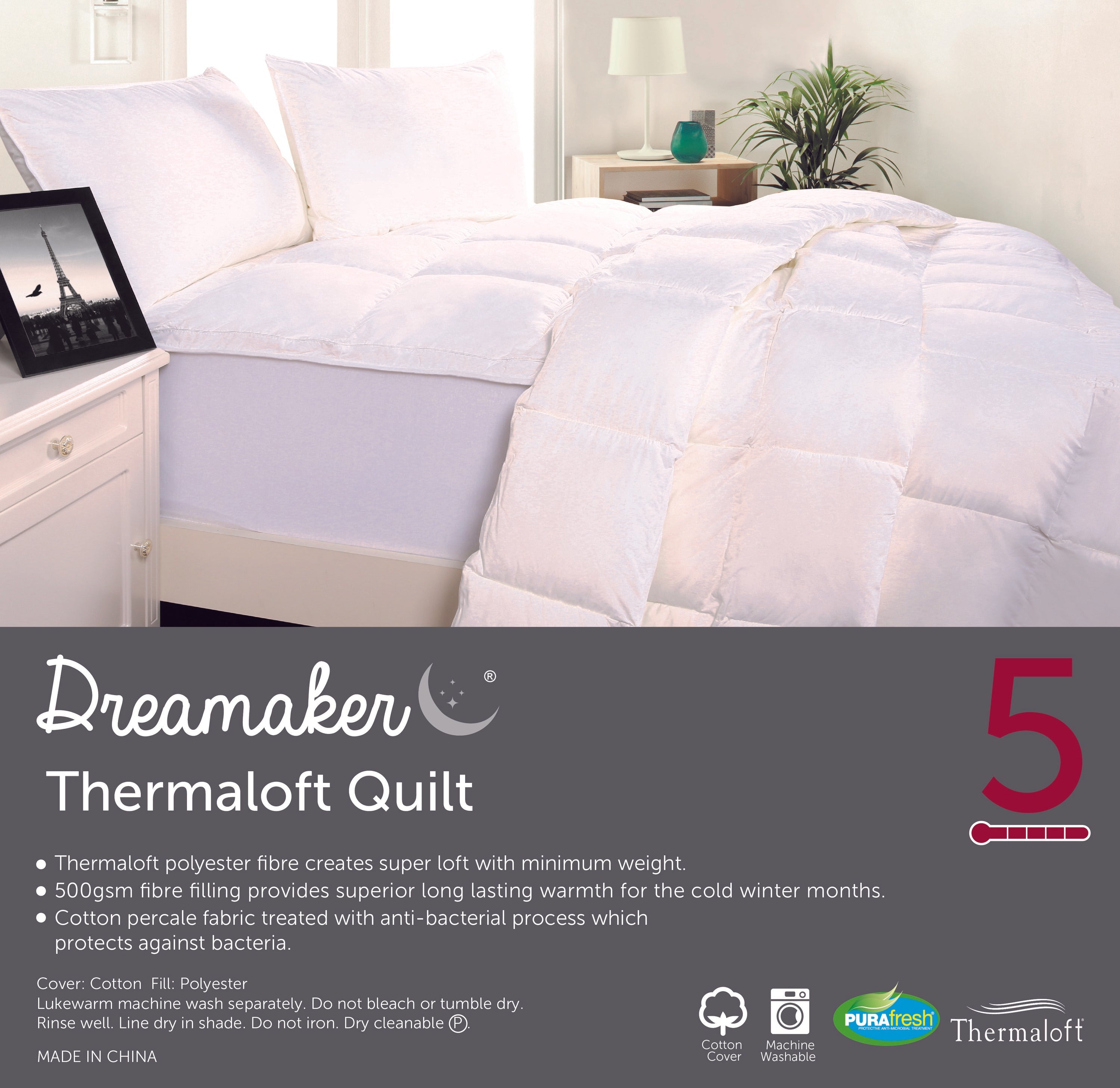 Dreamaker Thermaloft Quilt 500Gsm Double Bed featuring a soft cotton cover and thick polyester filling, ideal for winter warmth.