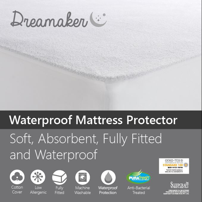 Dreamaker Waterproof Fitted Mattress Protector for King Bed, featuring soft cotton terry towel pile and waterproof backing.