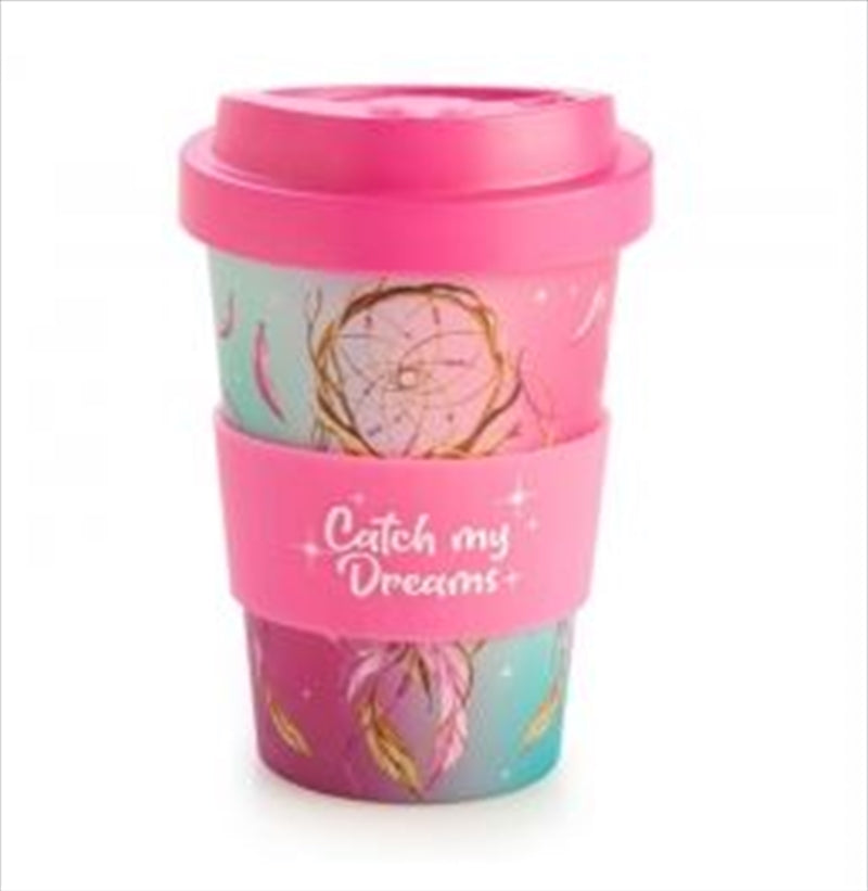 Dreamcatcher Eco-to-Go Bamboo Cup with pink and blue design featuring floating feathers and dreamcatchers, complete with a pink lid and silicone band.