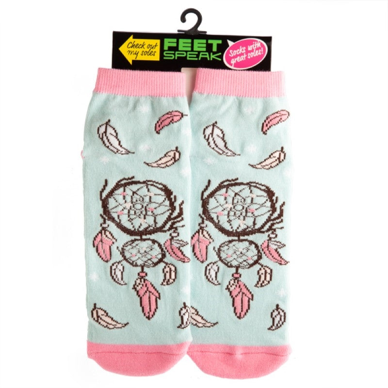 Dreamcatcher Feet Speak Socks featuring whimsical feathered designs on a light pink background with anti-slip words on the bottom.