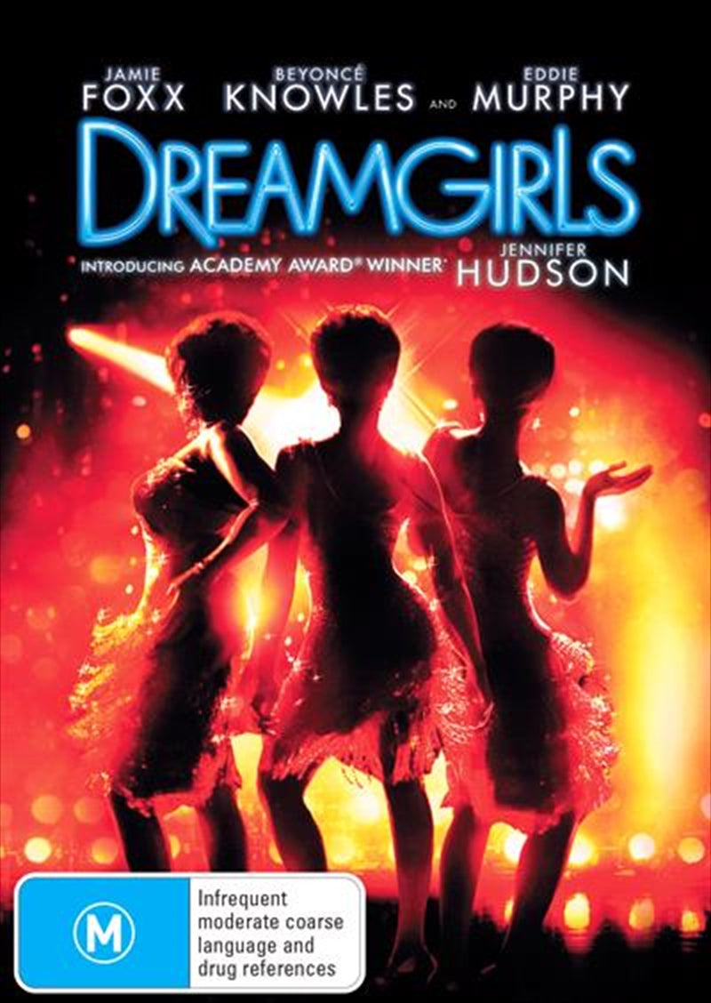 Dreamgirls DVD cover featuring the trio of women in glamorous outfits, showcasing their rise to fame.