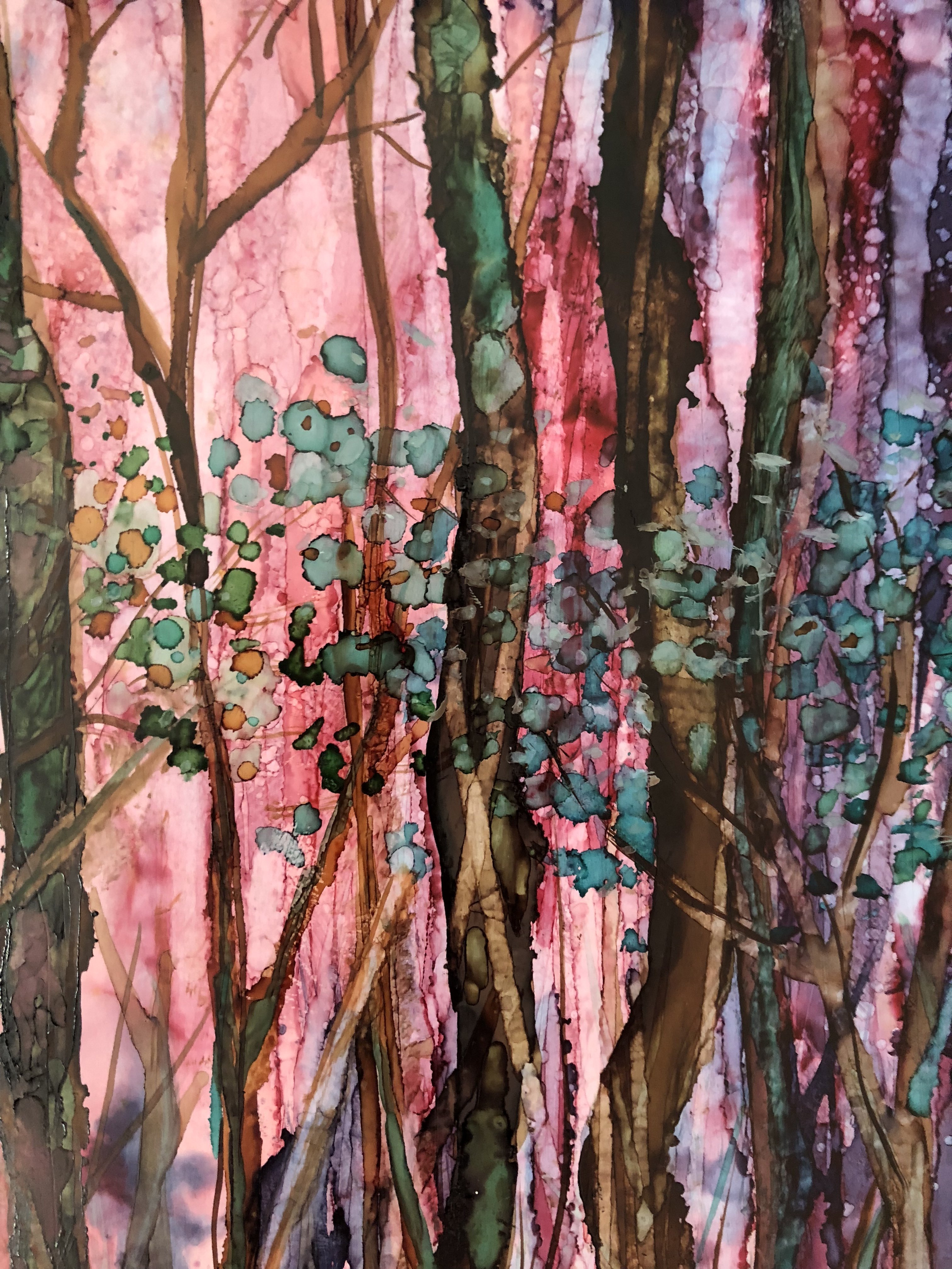 A beautifully designed greeting card featuring a dreamy tree painting created with alcohol inks, showcasing vibrant colors and intricate details.