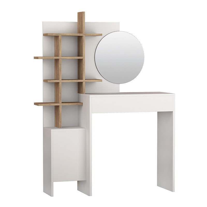 GLAMOUR White Oak Dressing Table with mirror, featuring a sleek design and storage drawer, perfect for home or business use.