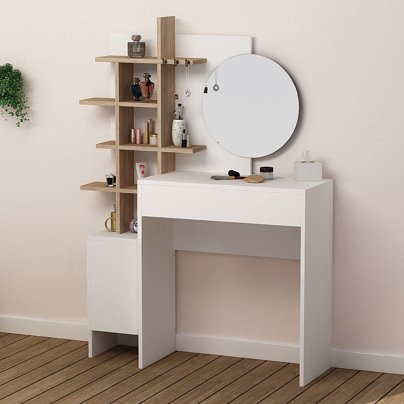 GLAMOUR White Oak Dressing Table with mirror, featuring a sleek design and storage drawer, perfect for home or business use.