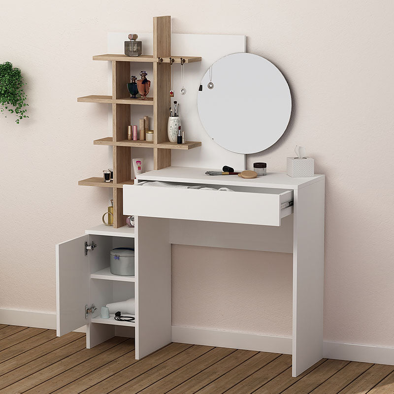 GLAMOUR White Oak Dressing Table with mirror, featuring a sleek design and storage drawer, perfect for home or business use.