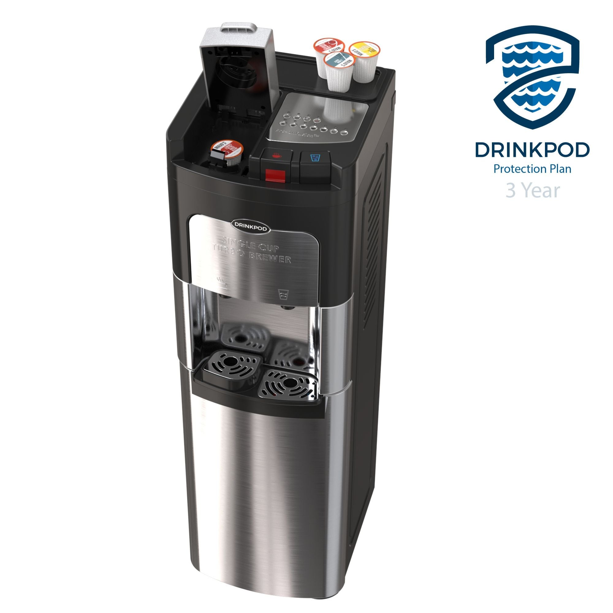 Drinkpod 3000 Elite Series Coffee Plus Water Purification Cooler with sleek design and integrated coffee maker.