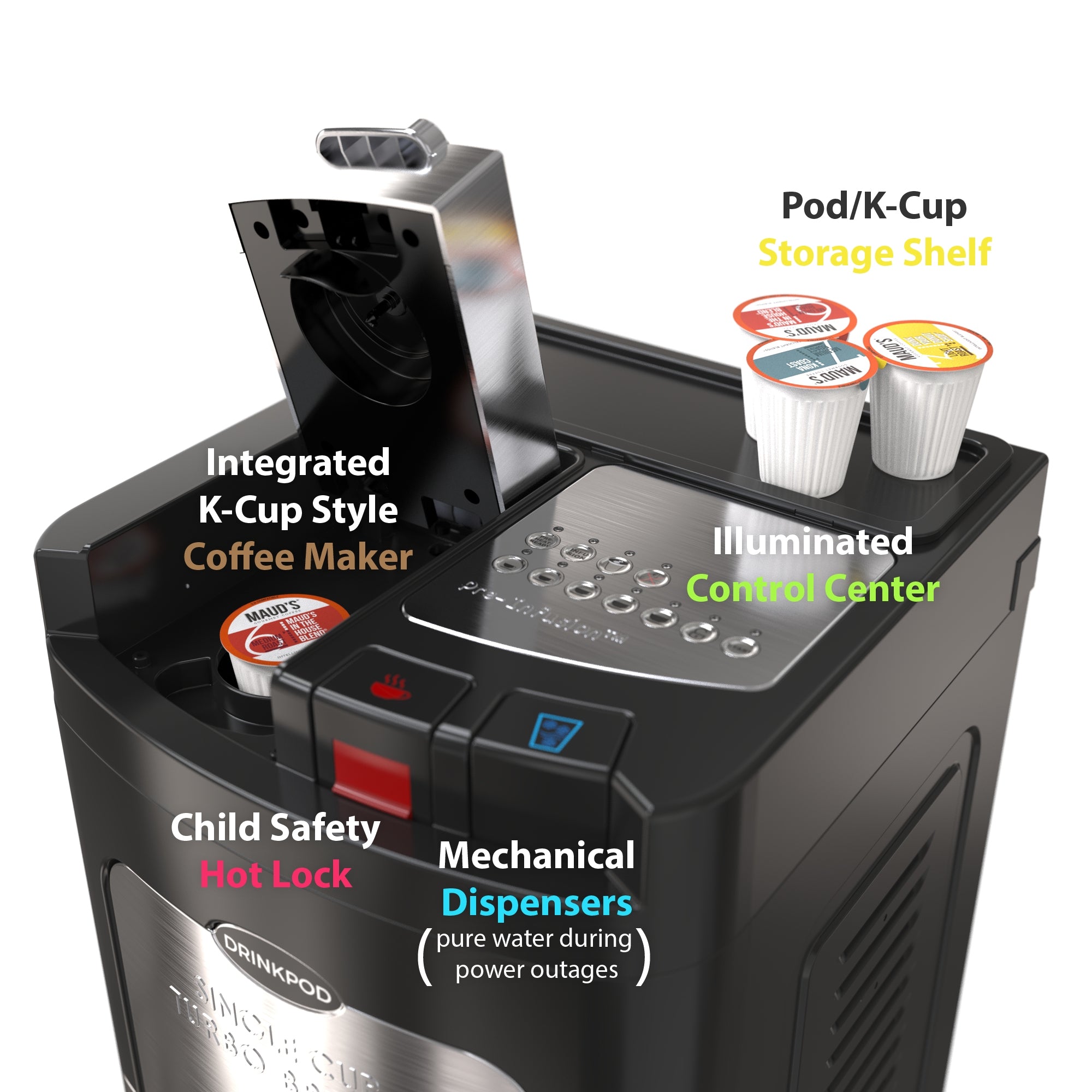 Drinkpod 3000 Elite Series Coffee Plus Water Purification Cooler with sleek design and integrated coffee maker.