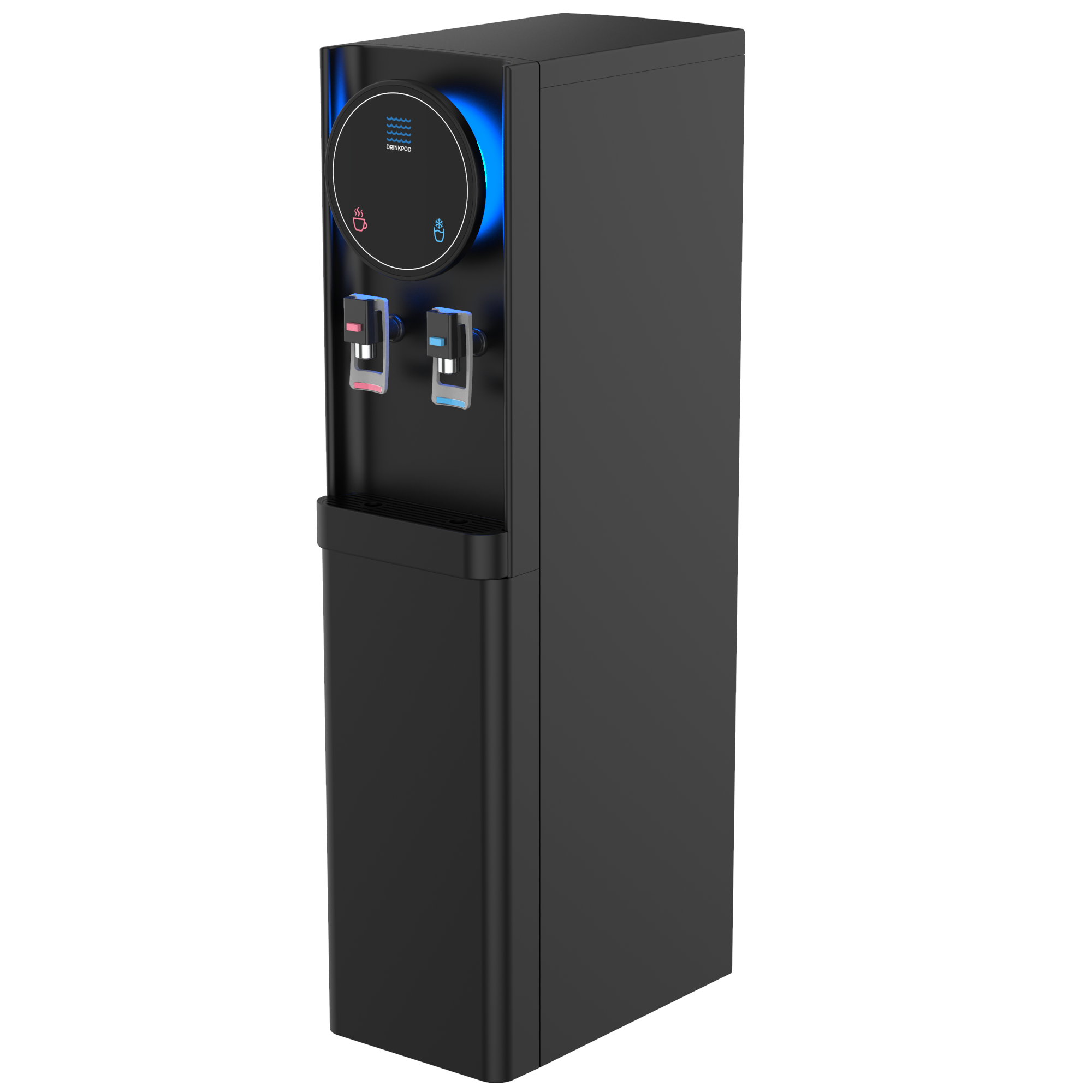 Drinkpod 6 Pro Series Bottleless Water Cooler with blue LED light, showcasing its sleek design and advanced filtration system.