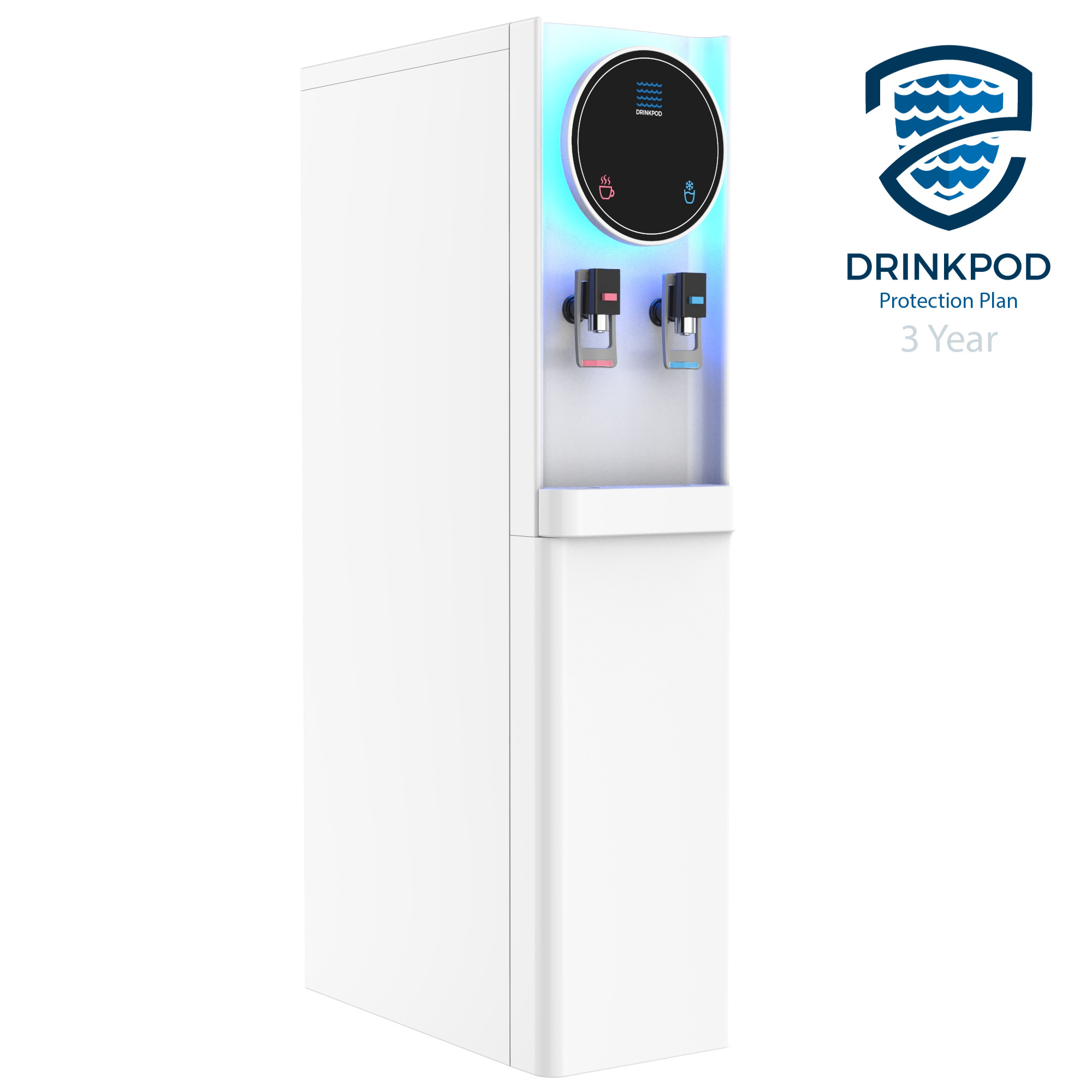 Drinkpod 6 Pro Series Bottleless Water Cooler with blue LED light, showcasing its sleek design and advanced filtration system.