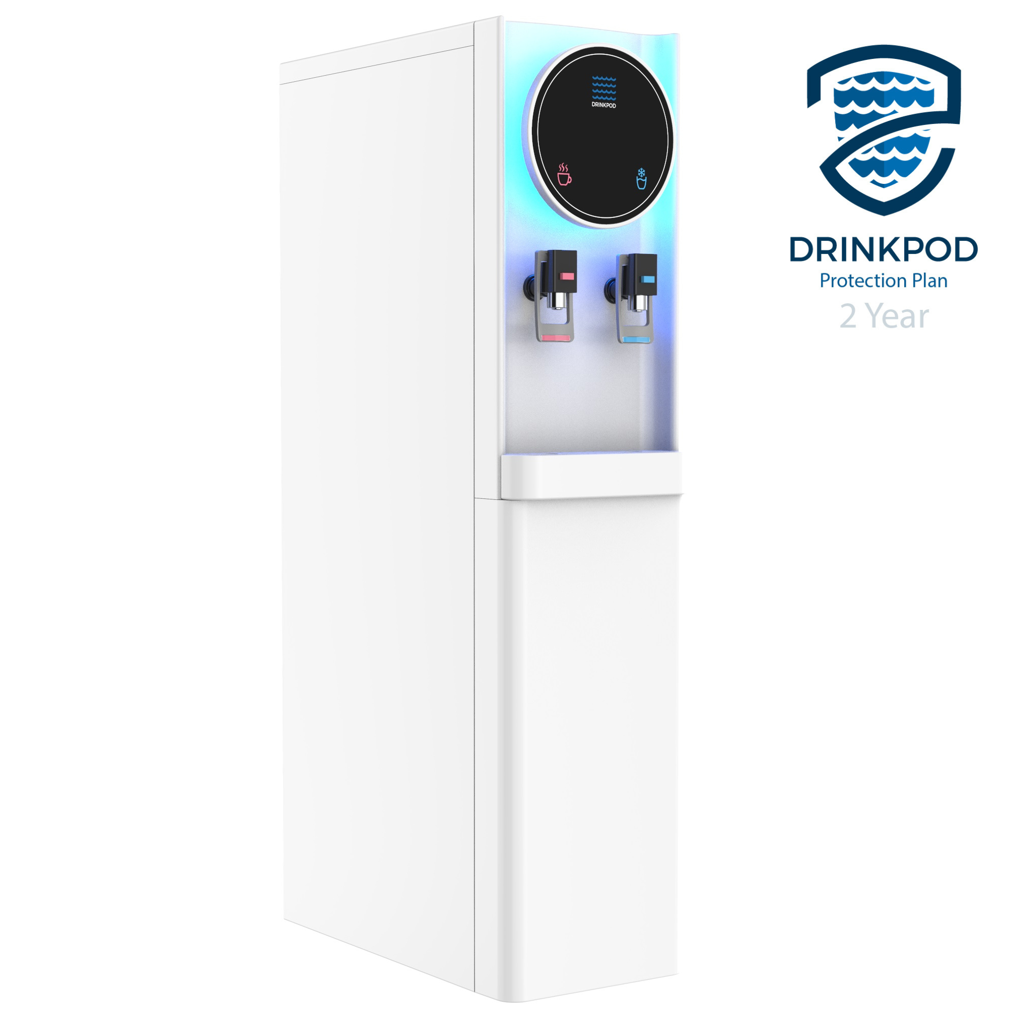 Drinkpod 6 Pro Series Bottleless Water Cooler with blue LED light, showcasing its sleek design and advanced filtration system.