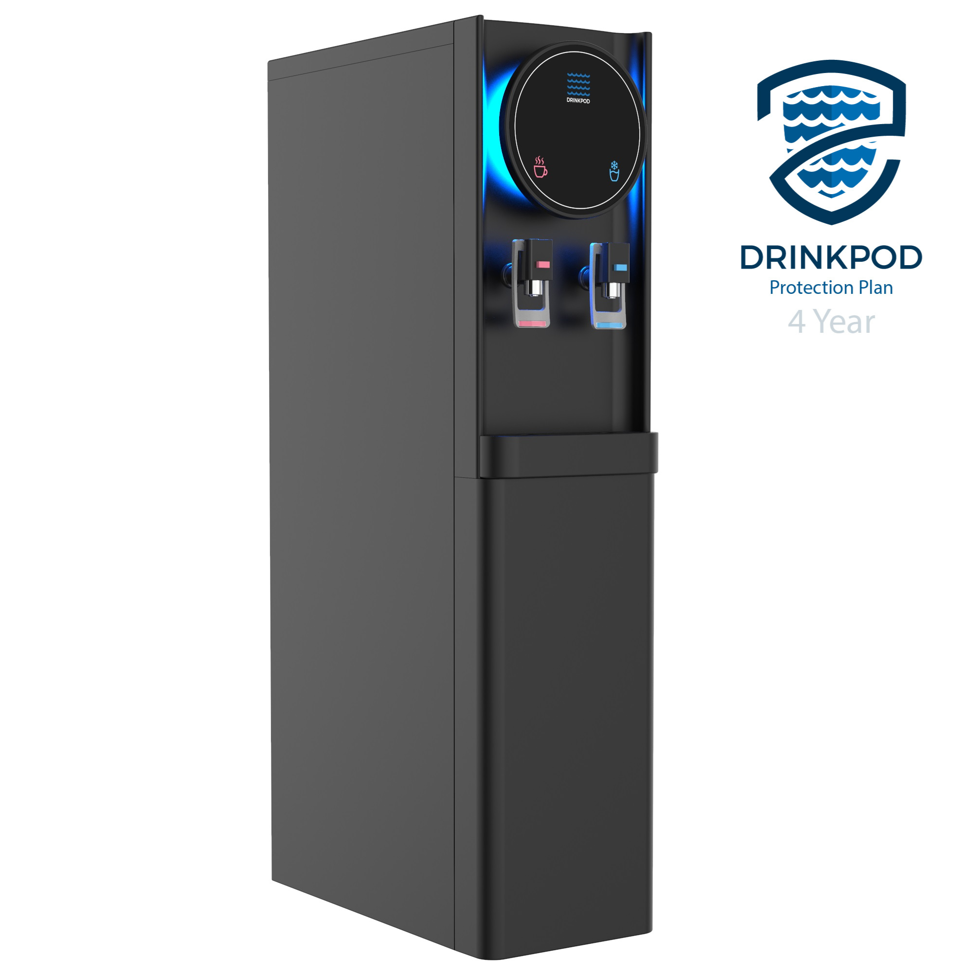 Drinkpod 6 Pro Series Bottleless Water Cooler with blue LED light, showcasing its sleek design and advanced filtration system.