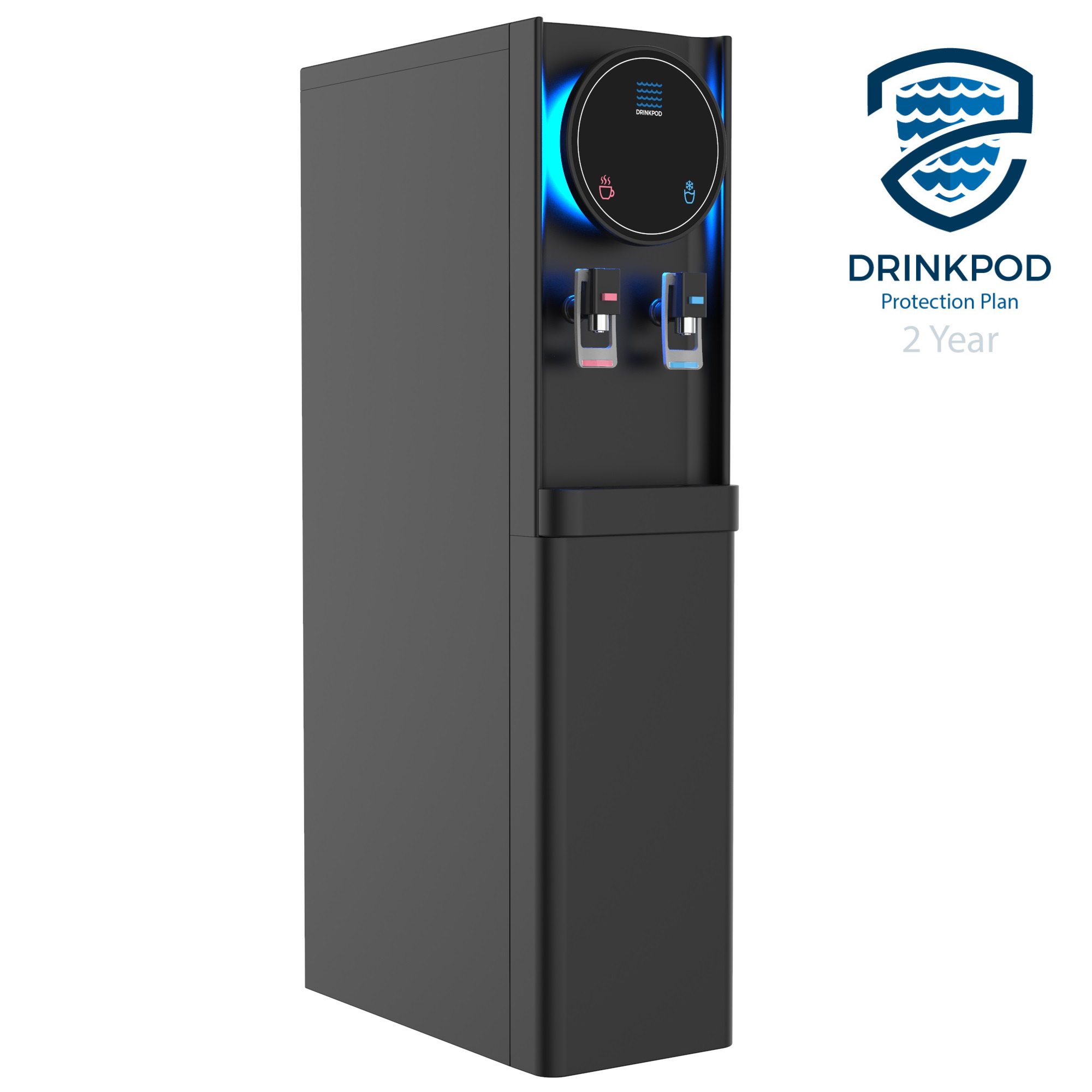 Drinkpod 6 Pro Series Bottleless Water Cooler with blue LED light, showcasing its sleek design and advanced filtration system.