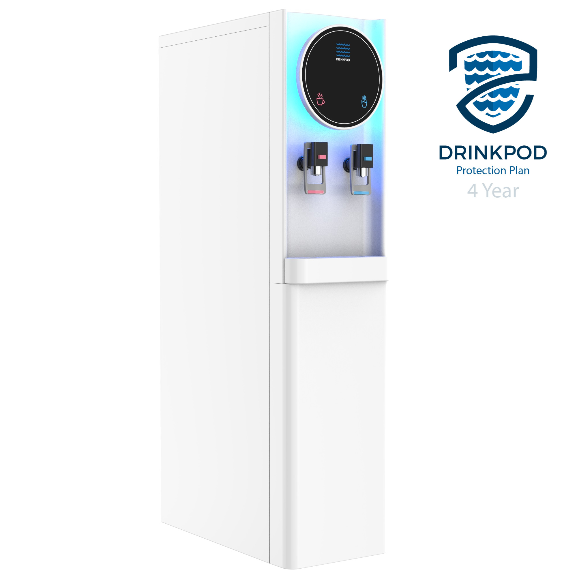 Drinkpod 6 Pro Series Bottleless Water Cooler with blue LED light, showcasing its sleek design and advanced filtration system.