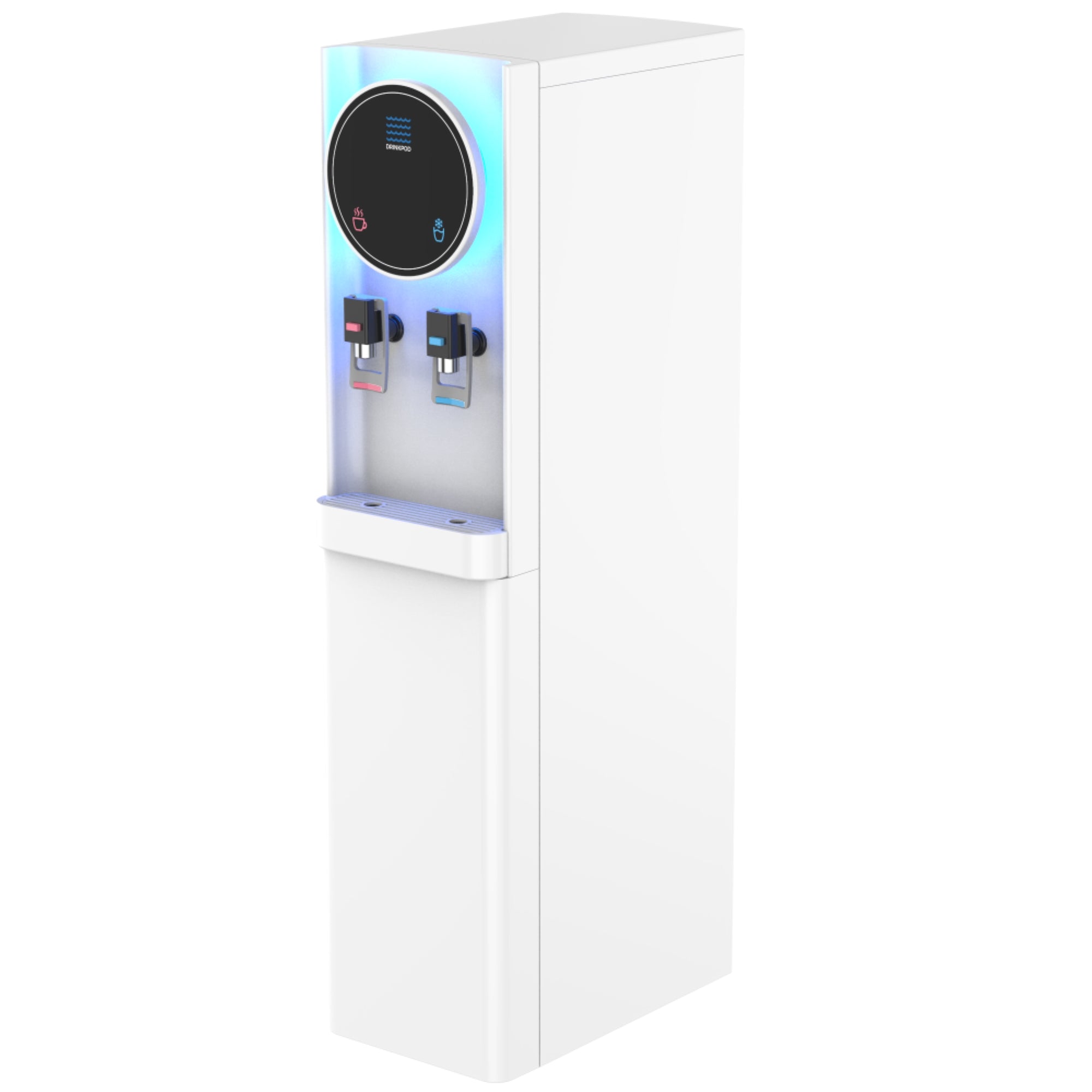 Drinkpod 6 Pro Series Bottleless Water Cooler with blue LED light, showcasing its sleek design and advanced filtration system.