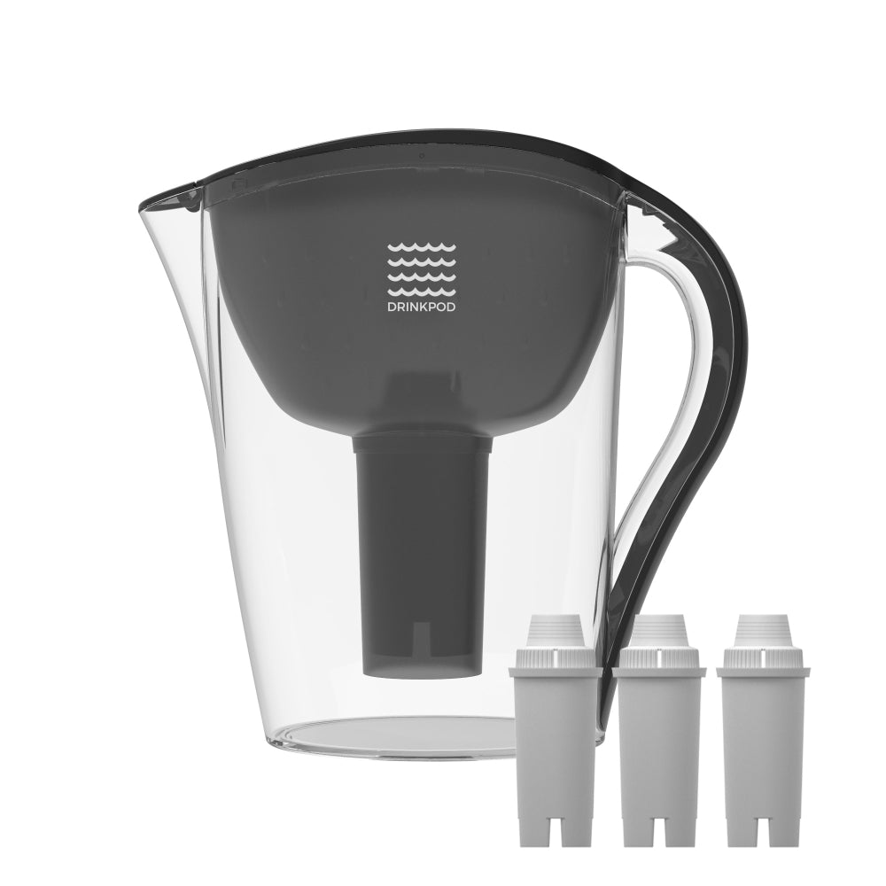 Drinkpod Ultra Premium Alkaline Water Pitcher with 3.5L capacity, featuring a sleek design and three alkaline water filters.