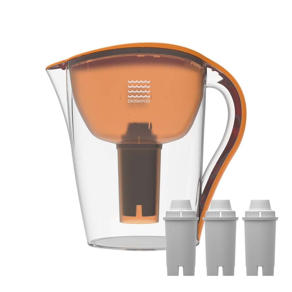 Drinkpod Ultra Premium Alkaline Water Pitcher with 3.5L capacity, featuring a sleek design and three alkaline water filters.