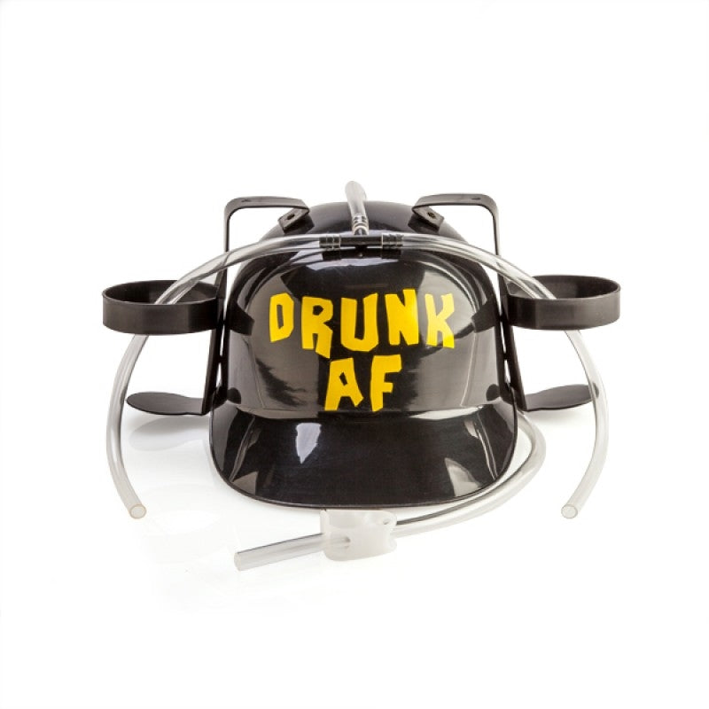 Black beer helmet with bright yellow 'Drunk AF' print, featuring dual drink holders and straws for hands-free sipping.