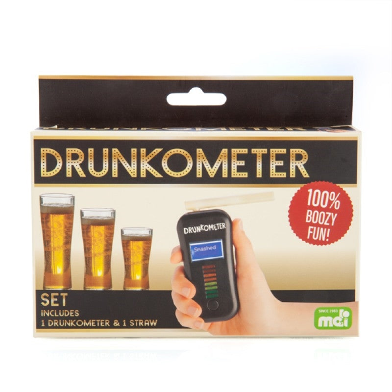 A novelty breathalyser called Drunkometer, designed for pranking friends, showing a humorous display.