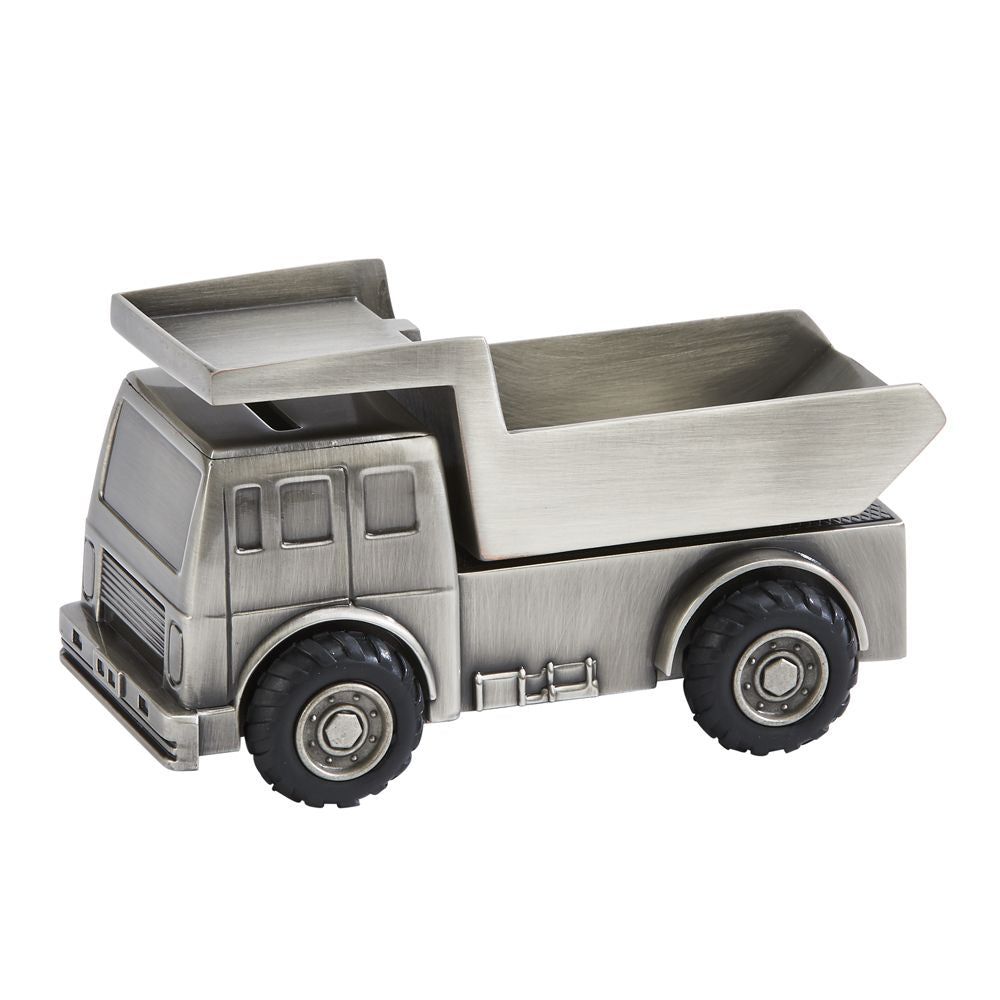 Detailed Dump Truck Bank in brushed pewter finish with working rubber tires and moveable bed.