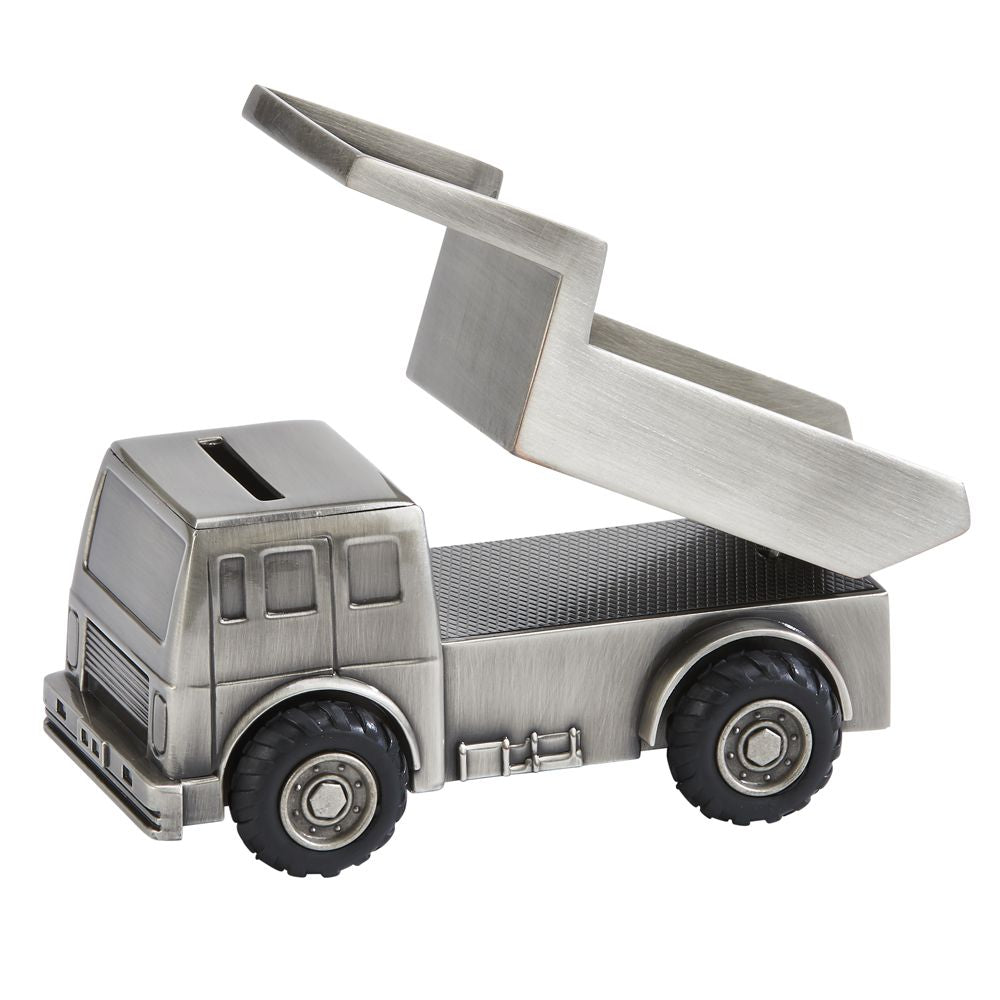 Detailed Dump Truck Bank in brushed pewter finish with working rubber tires and moveable bed.