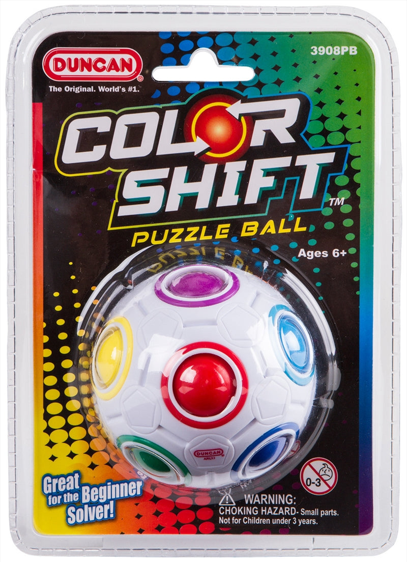 Duncan Color Shift Puzzle Ball featuring colorful balls and rings in a compact design, perfect for mental challenges.