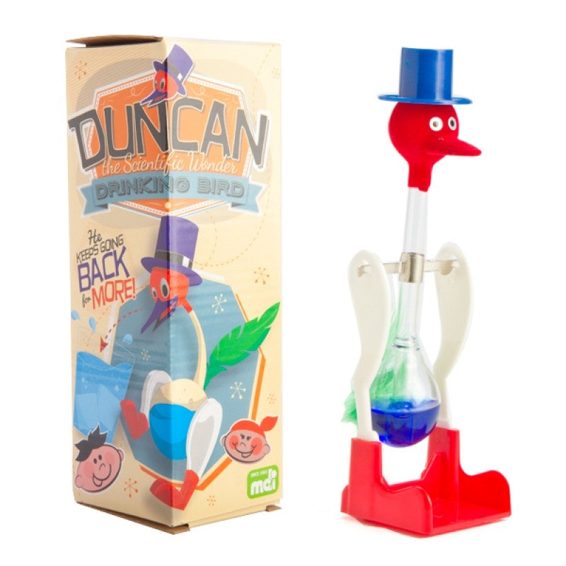 Duncan The Drinking Bird toy demonstrating thermodynamics by rocking back and forth while drinking water.