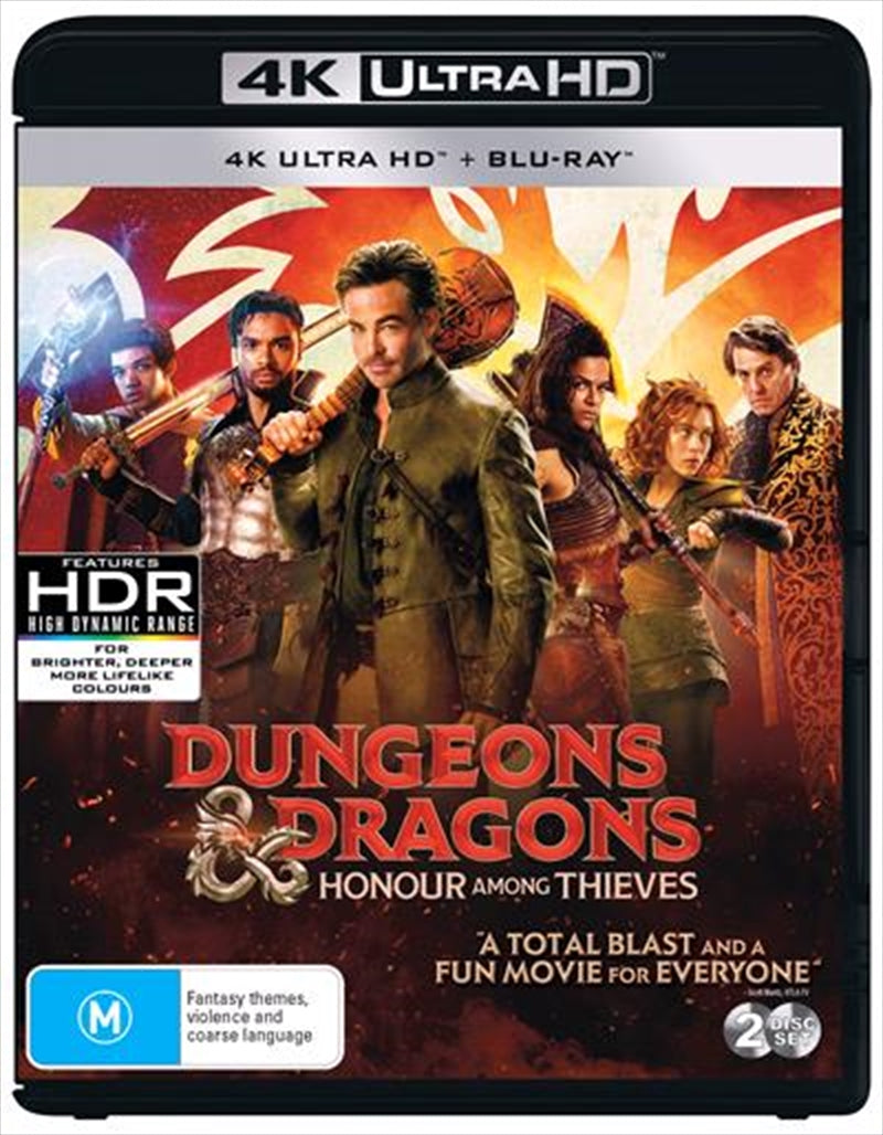 Dungeons and Dragons - Honor Among Thieves Blu-ray + UHD cover featuring a charming thief and adventurers.