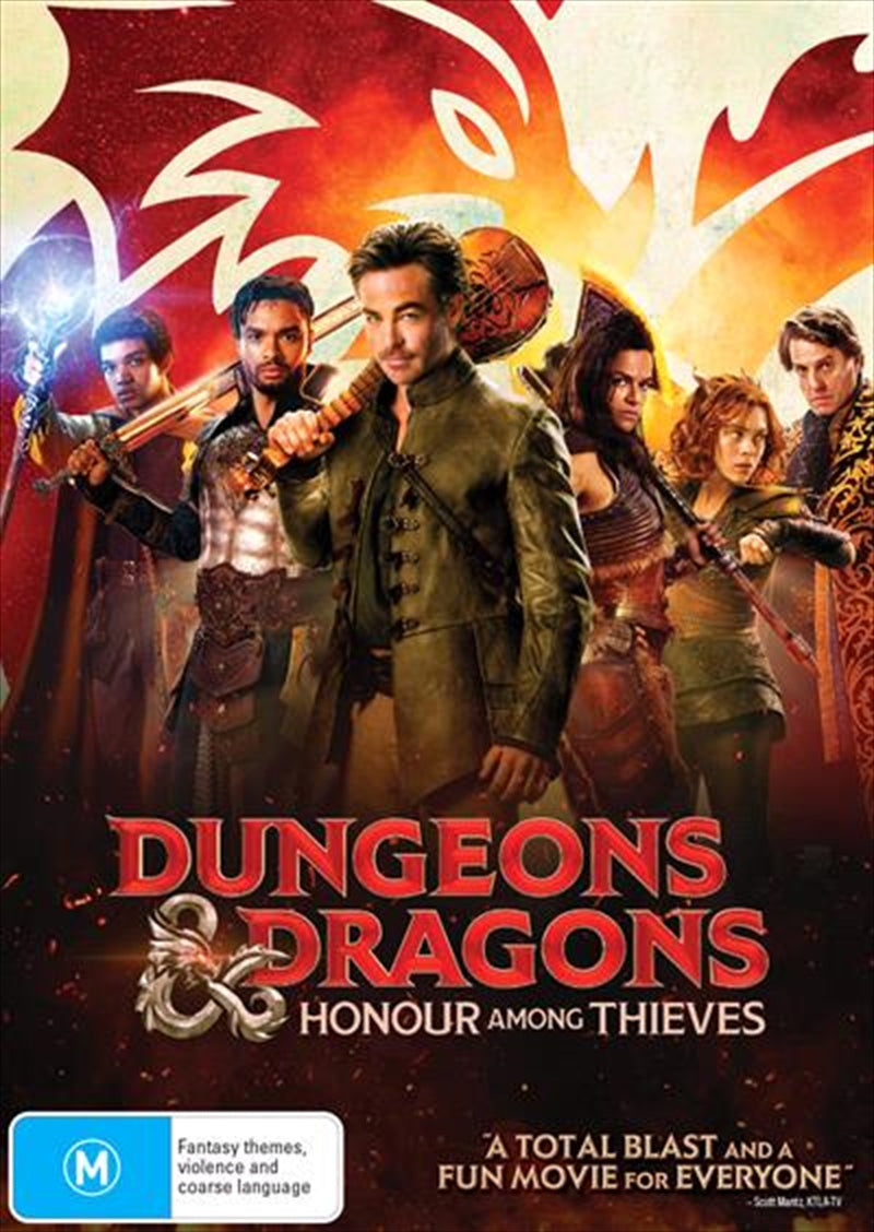 Dungeons and Dragons - Honor Among Thieves DVD cover featuring a charming thief and adventurers in a fantasy setting.