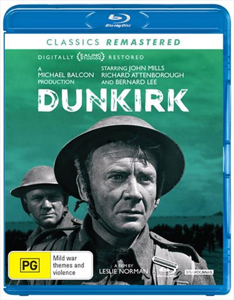 Dunkirk Blu-ray cover featuring dramatic imagery of soldiers and evacuation scenes.