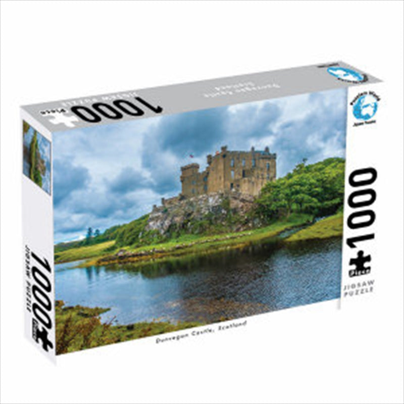 A 1000-piece jigsaw puzzle depicting Dunvegan Castle surrounded by lush Scottish countryside and a peaceful lake.