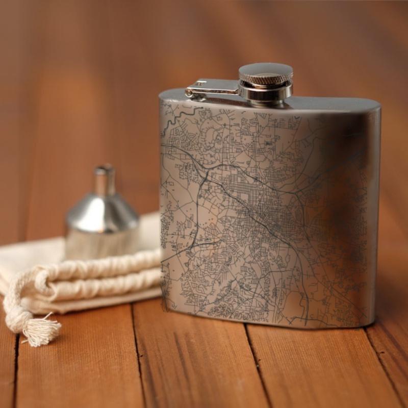 Custom engraved 6oz hip flask featuring a map of Durham, North Carolina, with a canvas bag and funnel.