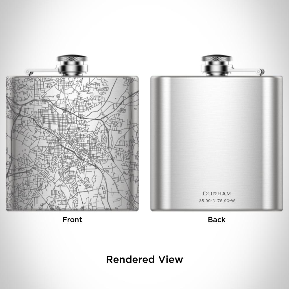 Custom engraved 6oz hip flask featuring a map of Durham, North Carolina, with a canvas bag and funnel.