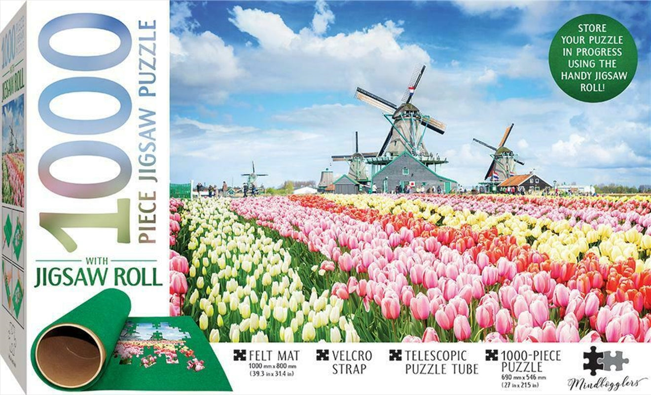 A 1000-piece jigsaw puzzle featuring picturesque Dutch windmills, displayed on a felt mat with a roll-up tube for easy storage.