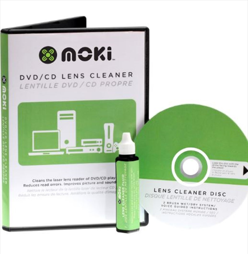 Moki DVD/CD Lens Cleaner with cleaning disc and fluid for optimal device maintenance.