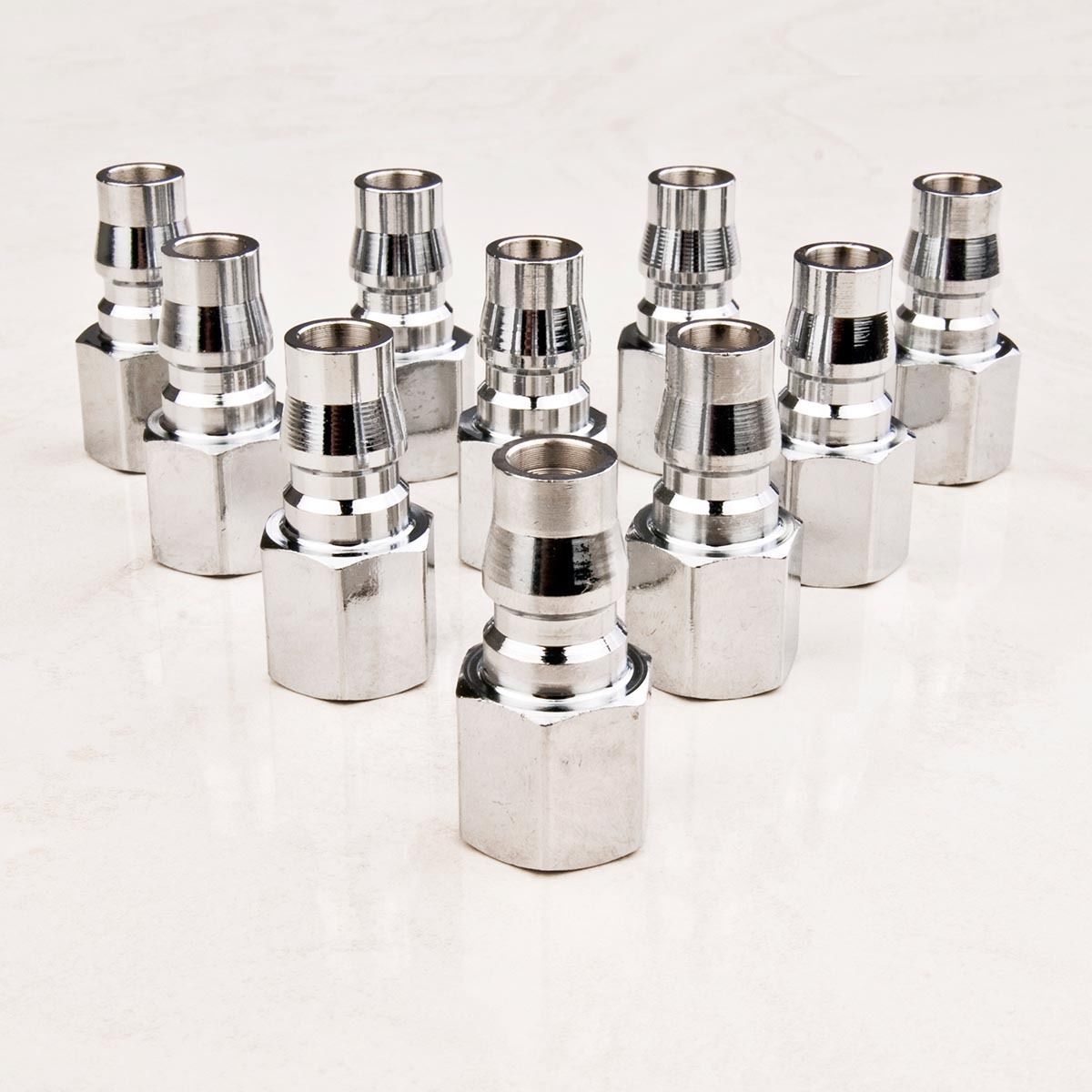 Dynamic Power 10 Set Nitto Type Male Air Coupling Couplers, silver steel fittings, compact size for air tool applications.