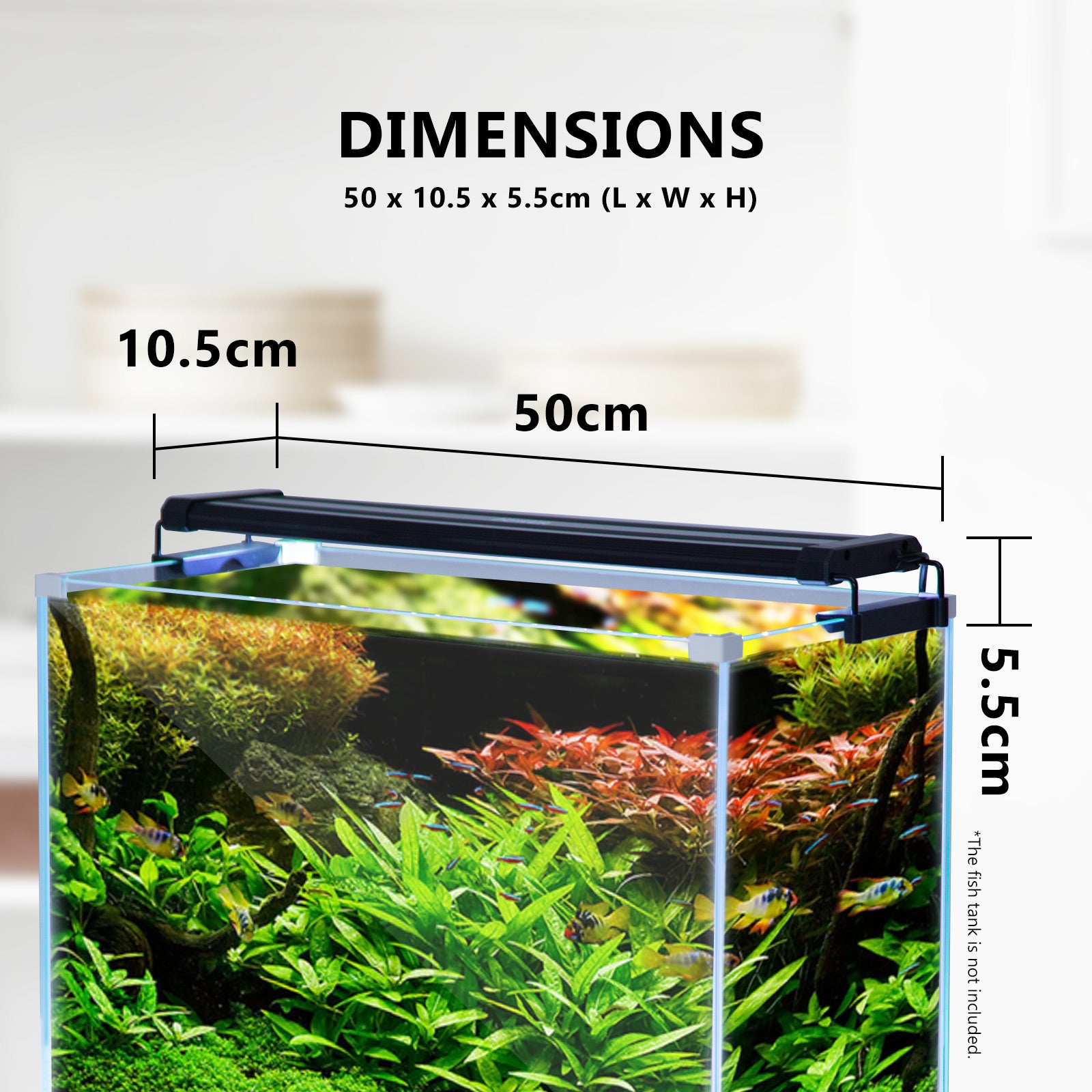 Dynamic Power 11W Aquarium Blue White LED Light for 50-70cm tanks, showcasing its sleek design and dual lighting options.