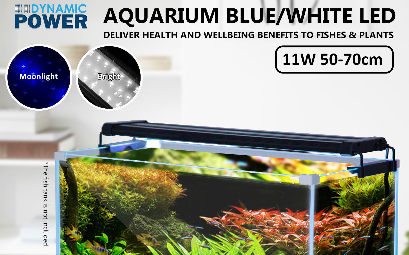 Dynamic Power 11W Aquarium Blue White LED Light for 50-70cm tanks, showcasing its sleek design and dual lighting options.