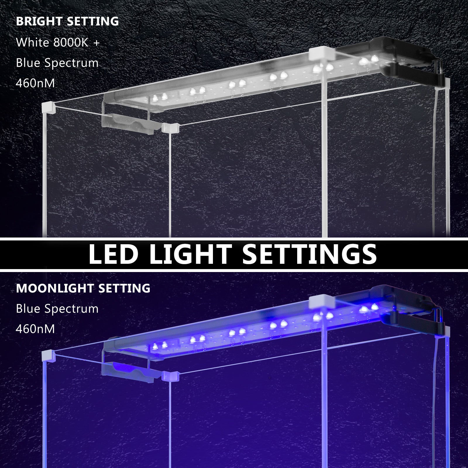 Dynamic Power 11W Aquarium Blue White LED Light for 50-70cm tanks, showcasing its sleek design and dual lighting options.