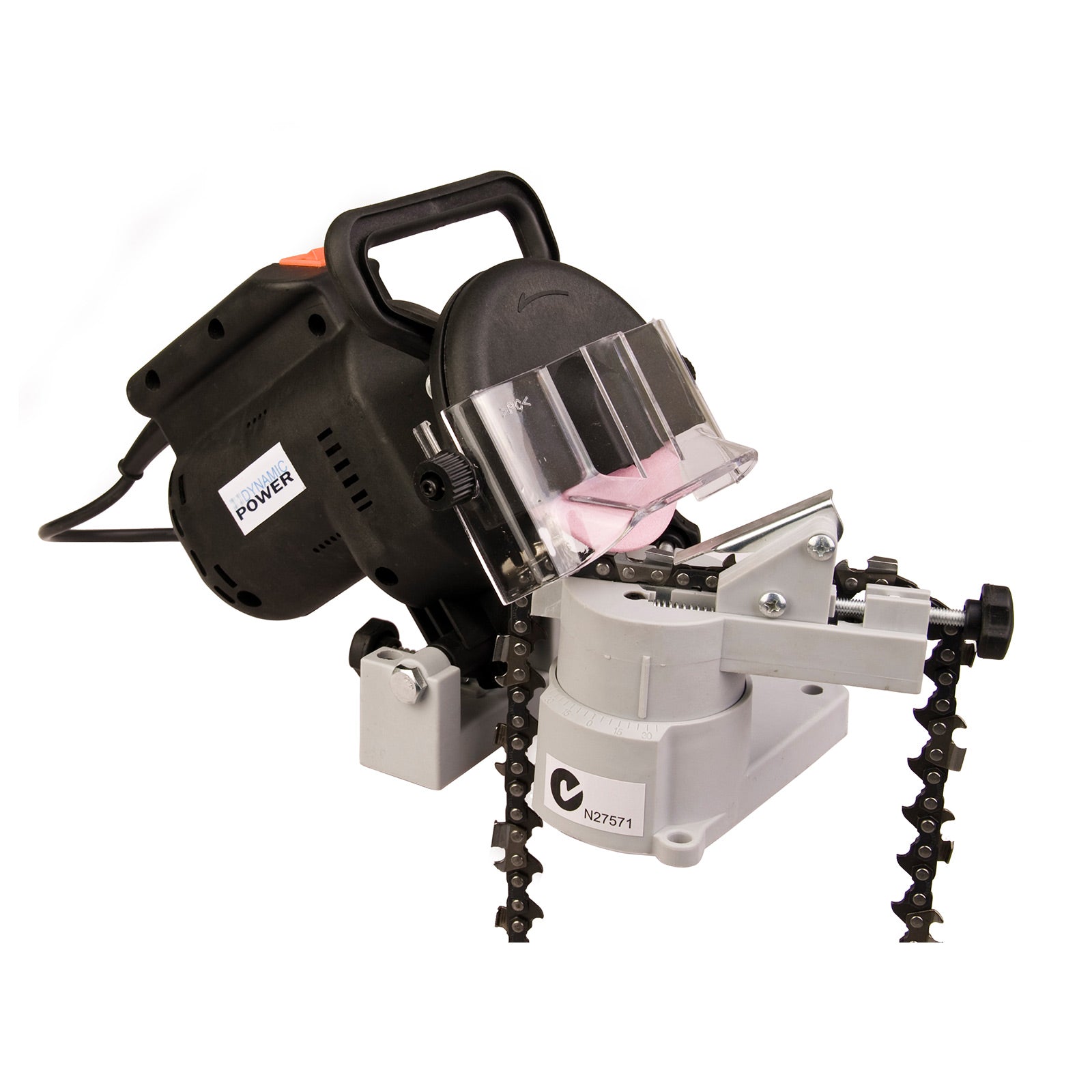 Dynamic Power 320W Chainsaw Sharpener Electric Grinder with transparent cover and grinding wheels, designed for precise sharpening.