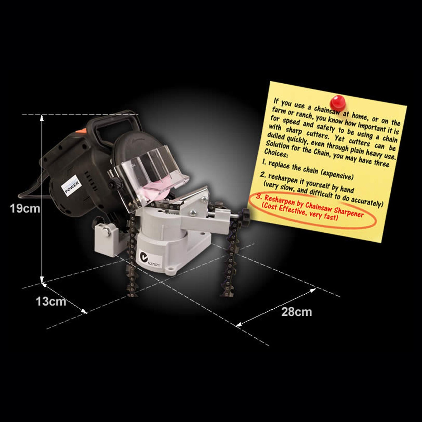 Dynamic Power 320W Chainsaw Sharpener Electric Grinder with transparent cover and grinding wheels, designed for precise sharpening.