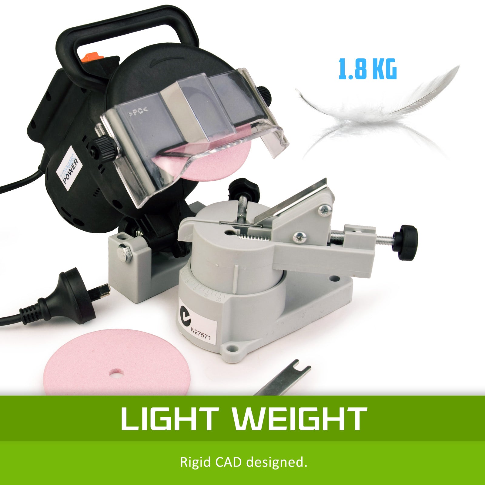 Dynamic Power 320W Chainsaw Sharpener Electric Grinder with transparent cover and grinding wheels, designed for precise sharpening.