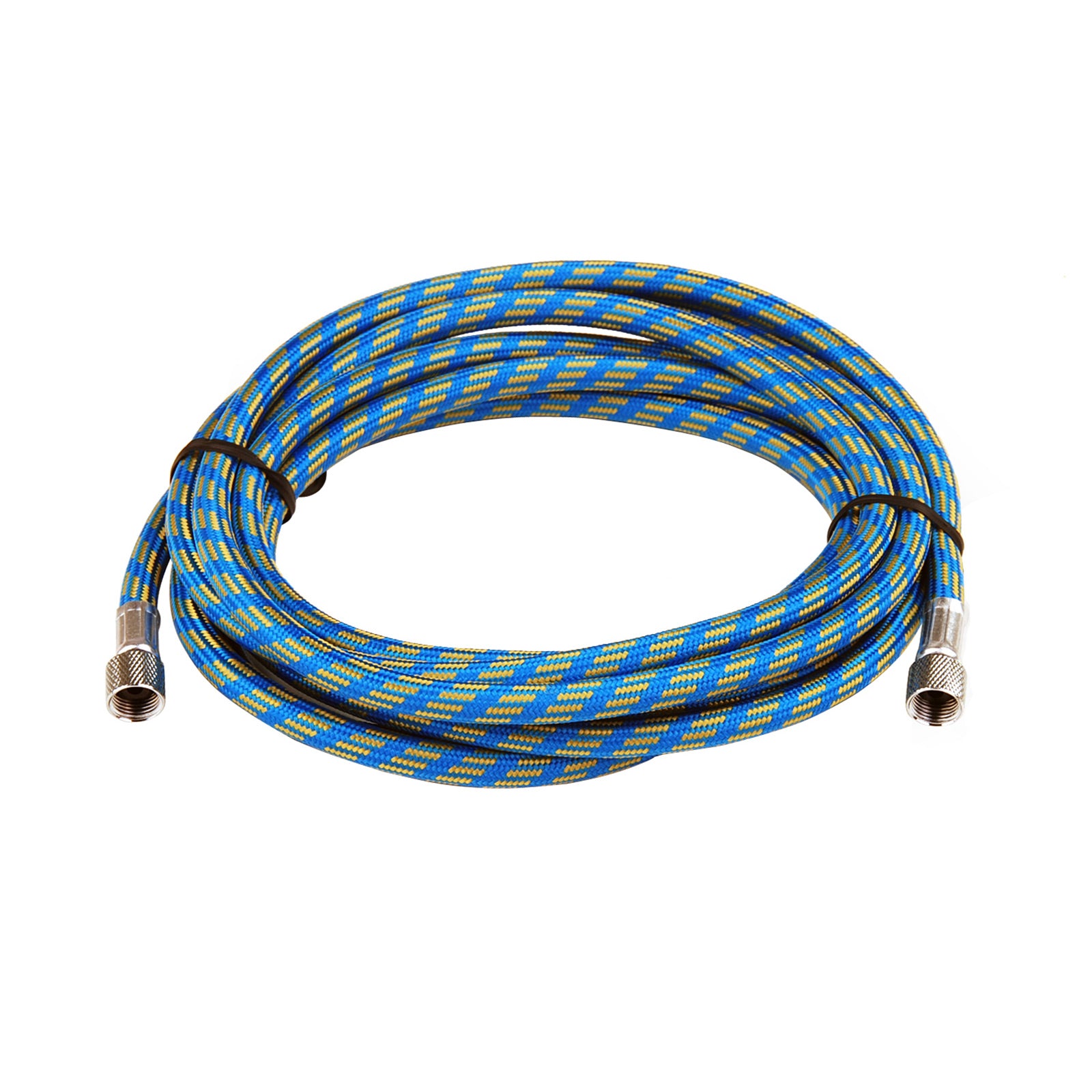 Dynamic Power Air Brush Hose, 3M long, flexible braided rubber, blue and yellow design, suitable for airbrushes.