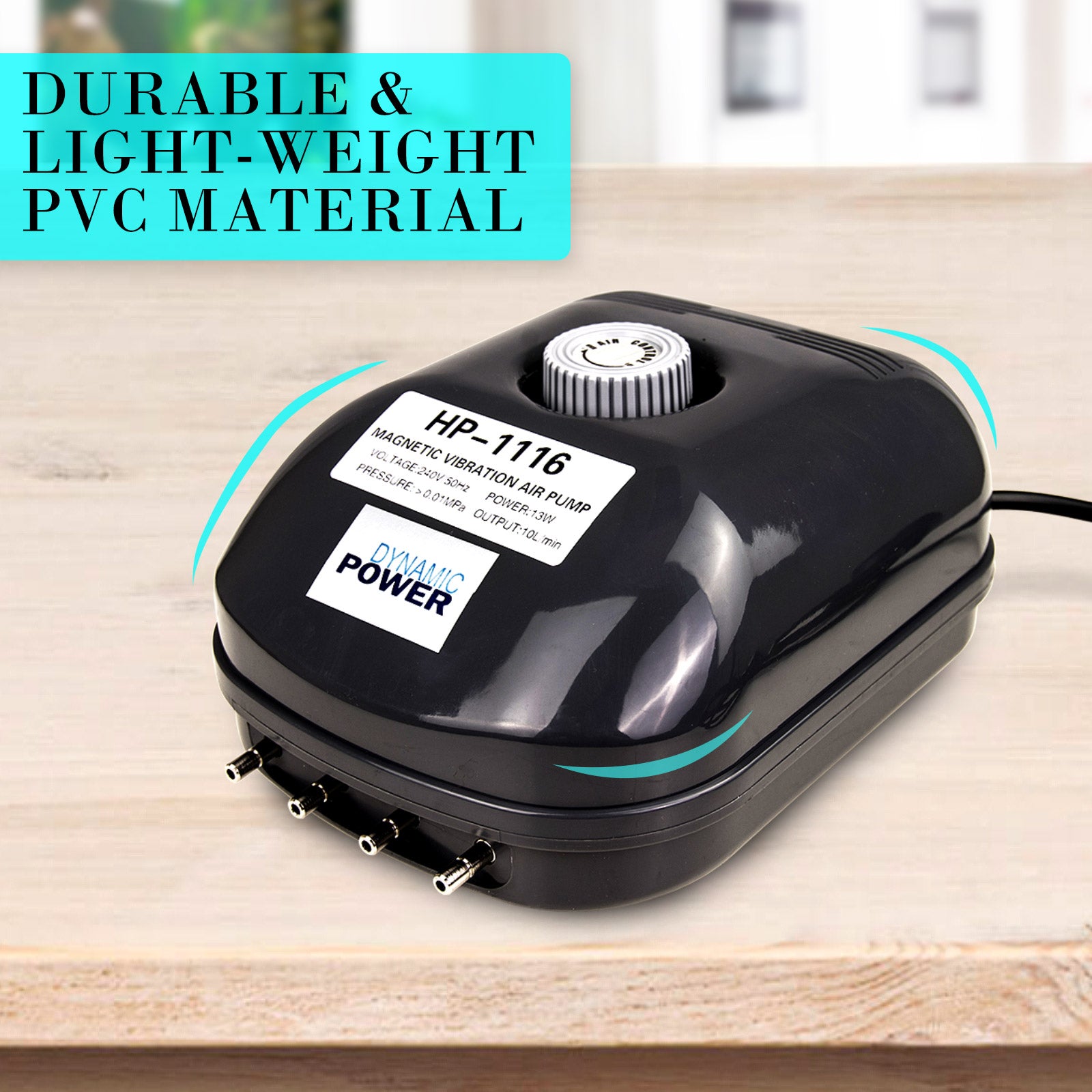 Dynamic Power Aquarium Air Pump with 4 outlets, designed for efficient oxygen supply in aquariums and ponds.