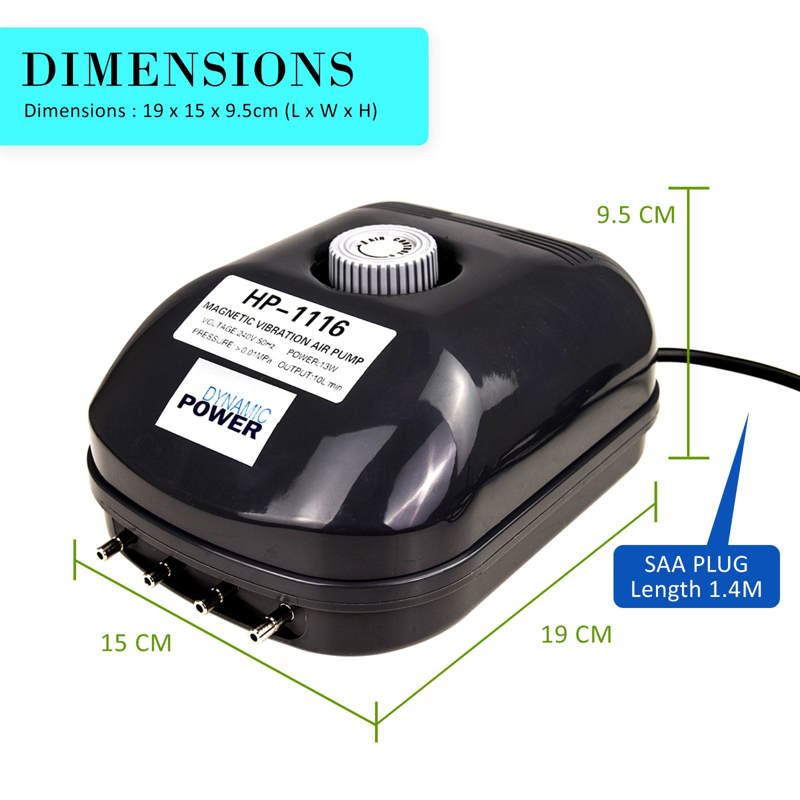 Dynamic Power Aquarium Air Pump with 4 outlets, designed for efficient oxygen supply in aquariums and ponds.