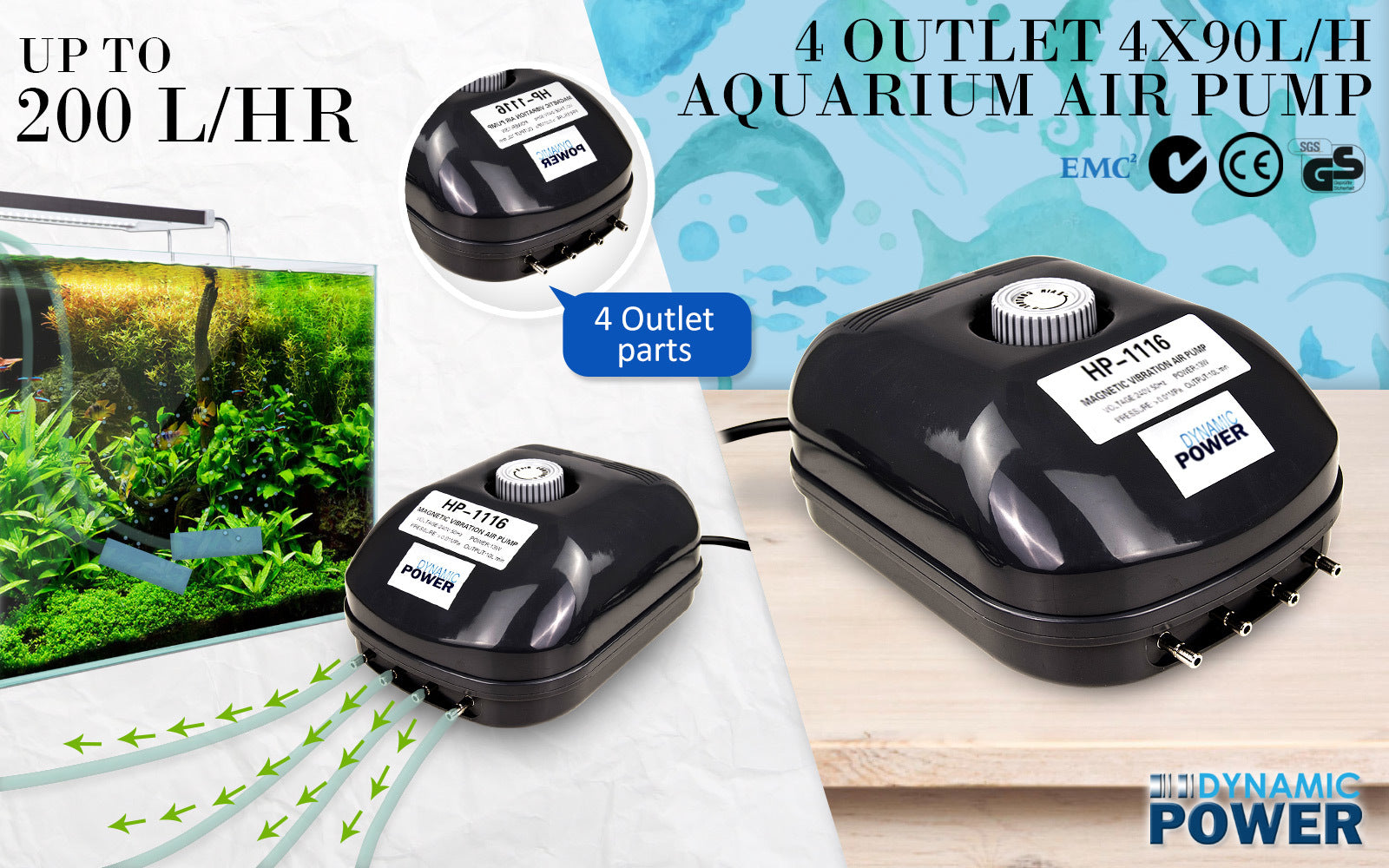 Dynamic Power Aquarium Air Pump with 4 outlets, designed for efficient oxygen supply in aquariums and ponds.